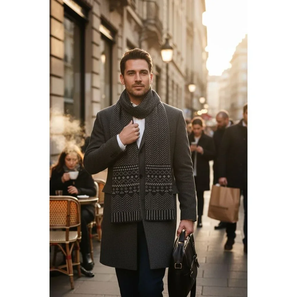 Mens Black & Gray Knit Wool Scarf With Chevron & Geometric Patterns 63